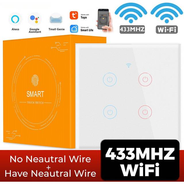 (4 Gang White) Smart Wifi Touch 433mhz Switch Light EU No Neutral Wire Required Remote Timing Control On Of for Alexa Google Home