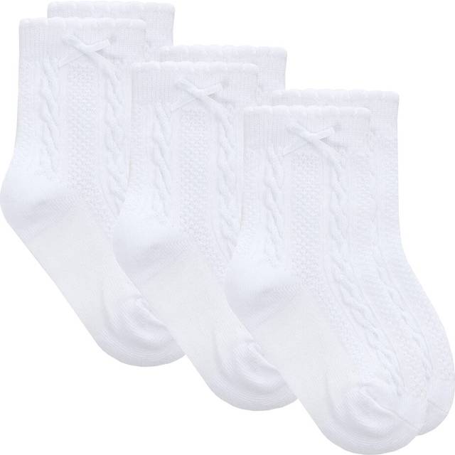 (White - 3 Pairs, 3-5.5) 3 Pairs Baby Girls Cable Knitted Cotton Rich Crew Socks White Pink Pastel Mint Purple Yellow Sizes 0-0 0-2.5 3-5.5