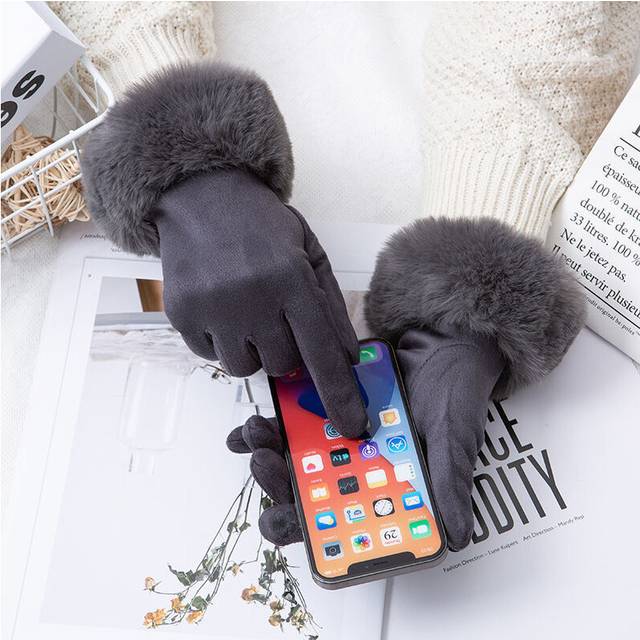 (One Size, Gray) Korean Suede Leather Sports Cycling Warm Gloves Women's Winter Plus Velvet