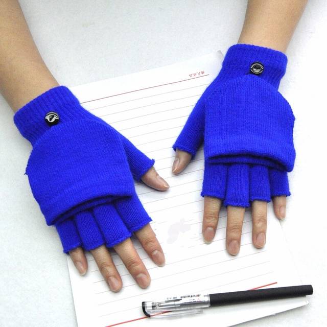 (One Size, Type B - Blue) Half Finger Flip Gloves Winter with Finger Caps Knitted Fingerless Touchscreen
