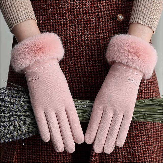 (One Size, I13  Pink) Women Double Thick Velvet Plush Wrist Touch Screen Driving Gloves Winter