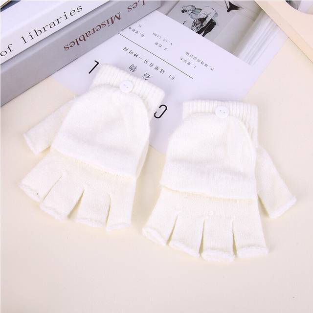 (One size, C- White) Women Half Finger Gloves Winter Warm Thicken Wool Gloves Girls Knitted