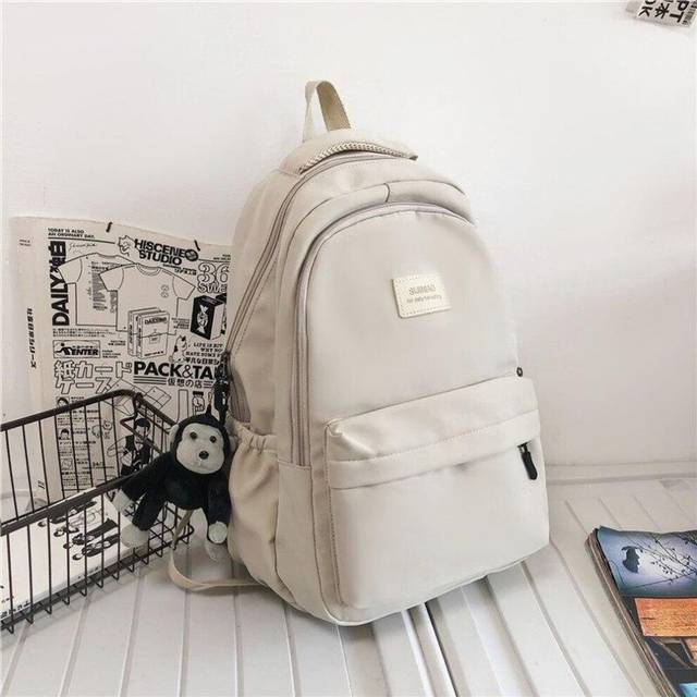 (beige,white, 32x13x45cm) Women&apos;s Backpack Solid Color Female Multi-pocket Travel Bag Schoolbag For Teenage Girl Book Knapsack