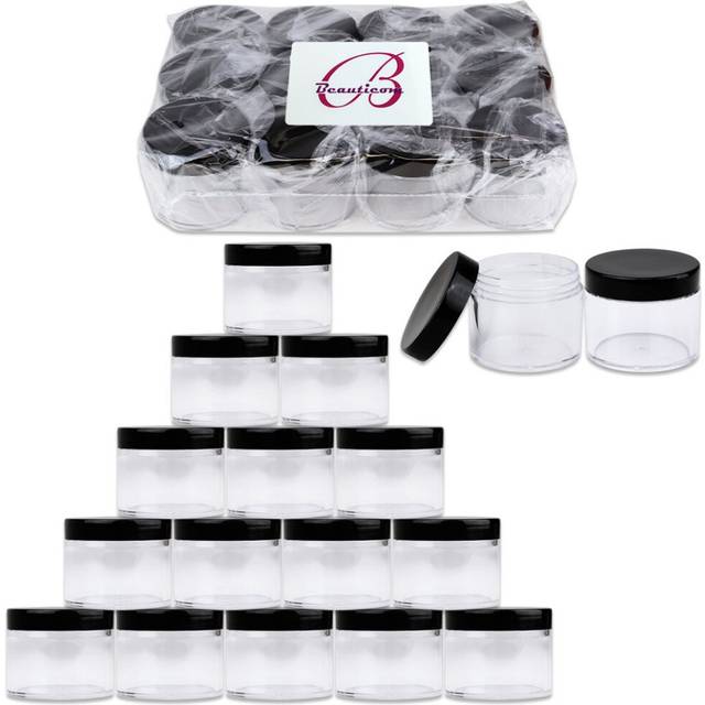 Beauticom 60 grams60 ML (2 Oz) Round clear Leak Proof Plastic container Jars with Black Lids for Travel Storage Makeup cosmetic Lotion Scrubs creams O
