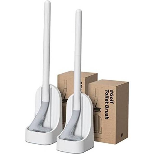 Golf brush head toilet brush, long handled toilet brush, oilet cleaner brush, Non-Slip Long Plastic Handle and Flexible Bristles,2 piece set (White)