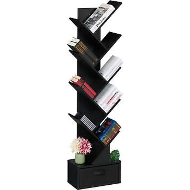 Tree Bookshelf, 9-Tier Bookcase, hwd: 146 x 38 x 22 cm, Storage for Books & CDs, Free-Standing, Drawer, White - Relaxdays