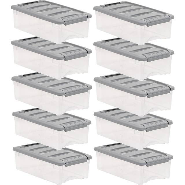 Amazon Basics Plastic Storage Bins with Lids, Stackable, 5 Quart, Clear/Grey, Set of 10