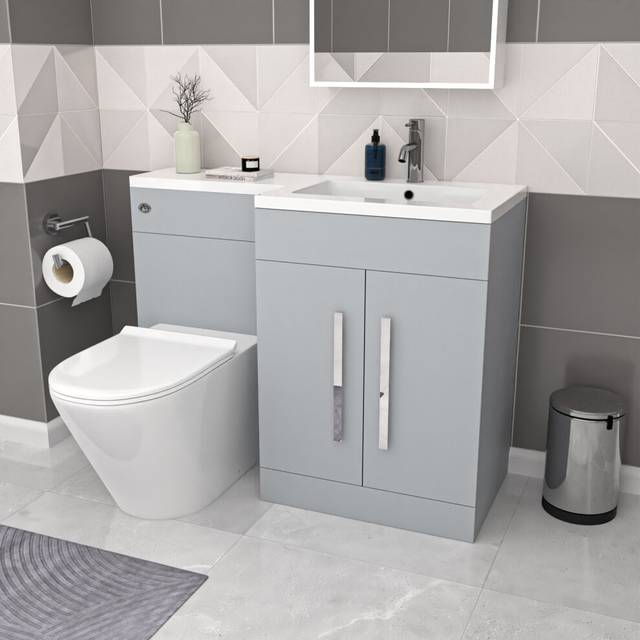 Nes Home Matte Grey 1100mm RH Basin Vanity Cabinet Flat Pack & BTW Curved Toilet