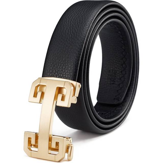ARIMIA Fashion Men Real Leather Ratchet Belt Black Adjustable Length Full Grain Soft Genuine Cowhide Strap 1.5 Inch Wide (Gold Black  Adjustable from