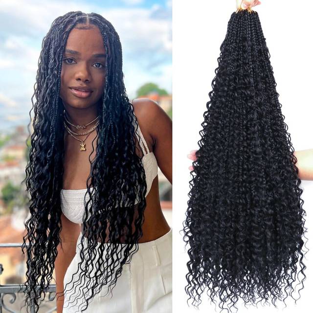 Boho Goddess Box Braids Crochet Hair for Black Women-8 Packs 30 Inch Pre Looped Crochet Braids Curly Ends (1B#  30 Inch (Pack of 8))