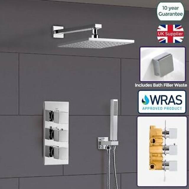 OLIVE 3 WAY SQUARE CONCEALED THERMOSTATIC MIXER VALVE HAND HELD BATH SHOWER KIT
