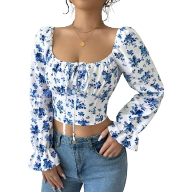 Rafferiza White Ditsy Floral Bell Sleeve Drawstring Waist Women Blouse