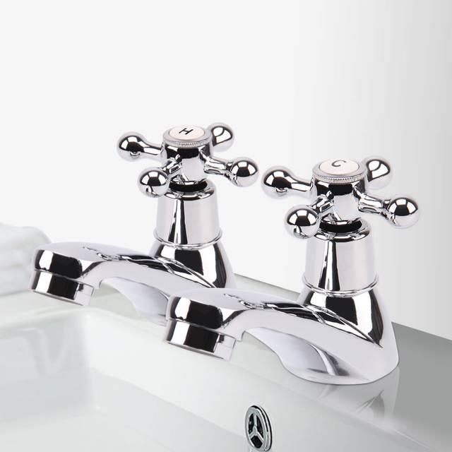 2X Taps Twin Hot and Cold Traditional Bath Bathroom Basin Sink Chrome