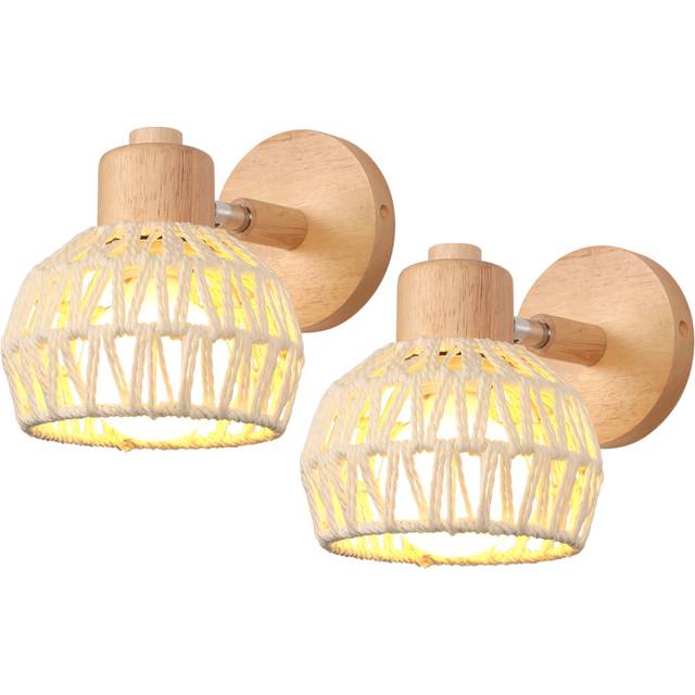 (2X) 15CM Indoor Wall Light Adjustable Wood Rattan Wall Lights Retro E27 Vintage Wall Sconce for Bedroom Living Room White