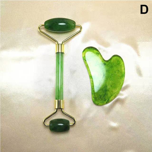 (a-massage roller set) Double Heads Jade Stone Face Lift Body Slim Neck Thin Lift Massage Tool Handmade Facial Massage Roller Guasha Scraping Board Se