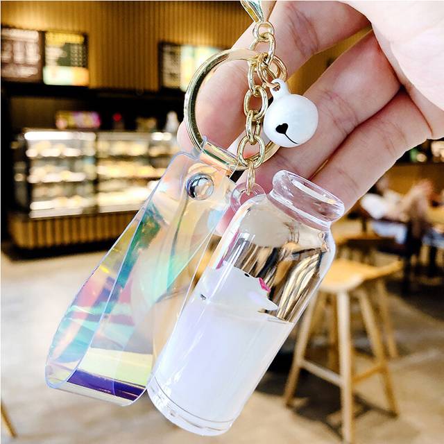 (WhiteWhite) Floating Milk Pig Keychain With Purple Bell And Acrylic Liquid Sand Design