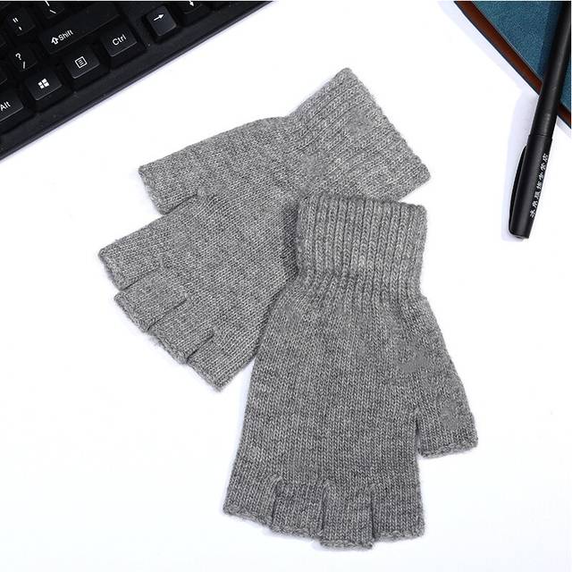 (One Size, A Gray) Winter Half Finger Driving Gloves Men Wool Knit Fingerless Touch Screen