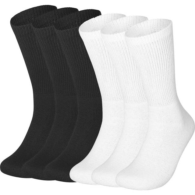 Special Essentials 6 Pairs Non-Binding Black & White Cotton Diabetic Crew Socks With Extra Wide Top For Men and Women Black and White 10-13
