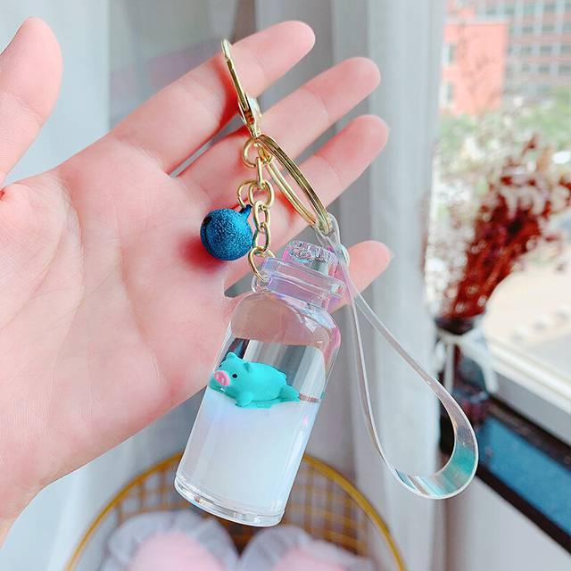 (Milk BlueBlue) Floating Milk Pig Keychain With Adorable Bell Made Of Durable Acrylic Material