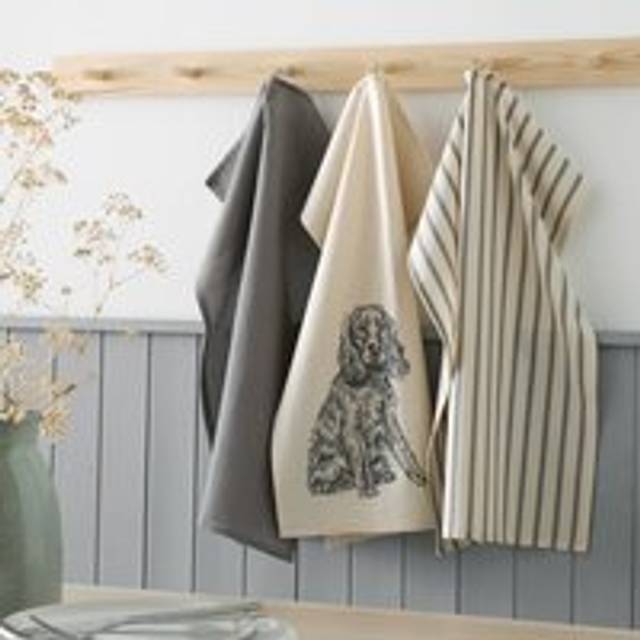 Set of 3 Spaniel Dog Tea Towels - Natural
