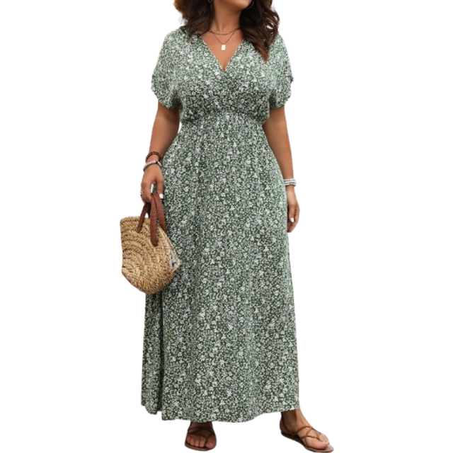 Franclia Plus Size Boho V-Neck Ditsy Floral Short Sleeve Casual Loose Comfortable Fashionable Dress Women Outfit, For Summer