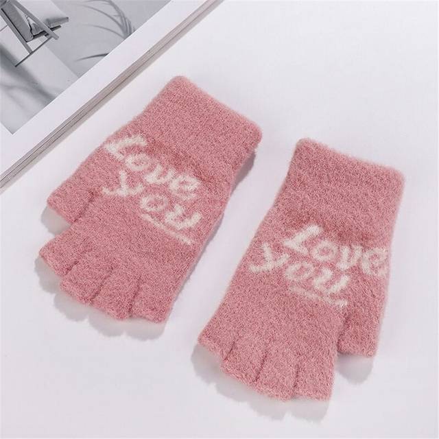 (One Size, half gloves-pink) 1Pair Winter Elastic Woolen Cashmere Cycling Driving Gloves Full Finger