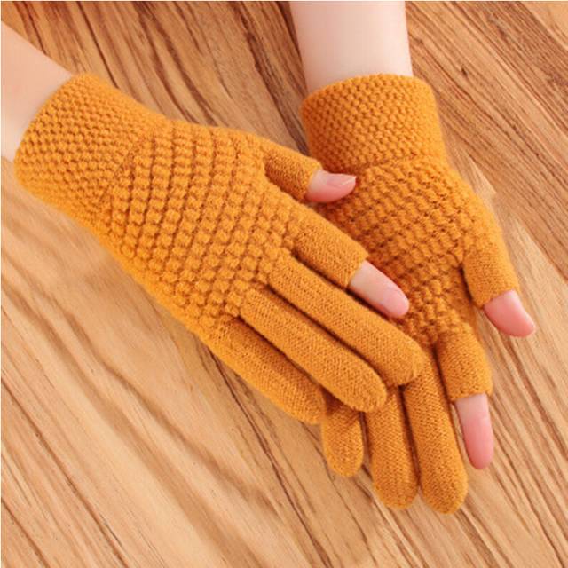 (Yellow) Winter Men's Gloves Female Warmth Office Thick Knitted Wool Two-finger