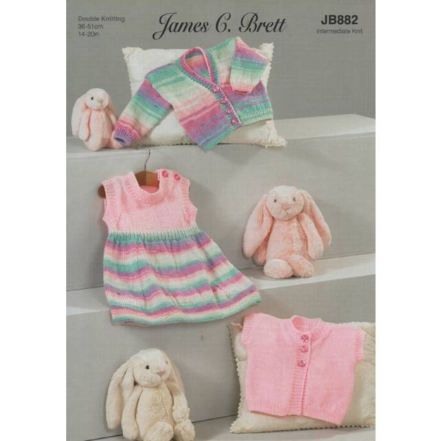 James Brett JB882 DK Knitting Pattern Baby Cardigan Waistcoat and Dress