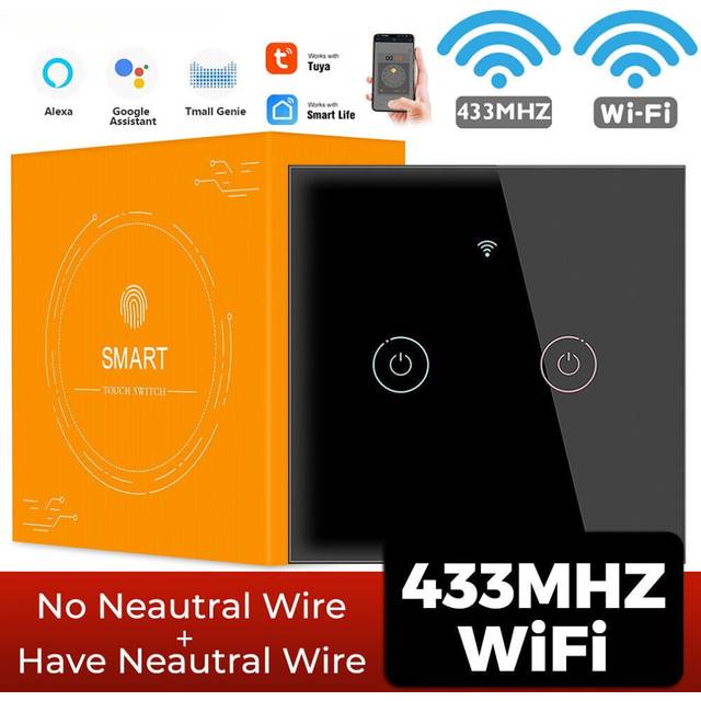 (2 Gang Black) Smart Wifi Touch 433mhz Switch Light EU No Neutral Wire Required Remote Timing Control On Of for Alexa Google Home