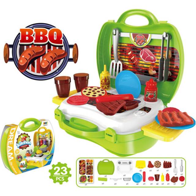 (Green) Children Simulation Kitchen Cook Tableware Dresser Cashier Tool Suitcase Doctor House Toys