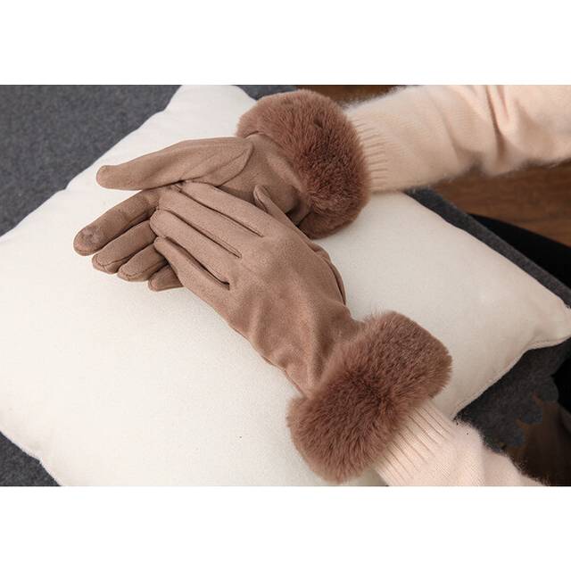 (One Size, Khaki) Korean Suede Leather Sports Cycling Warm Gloves Women's Winter Plus Velvet