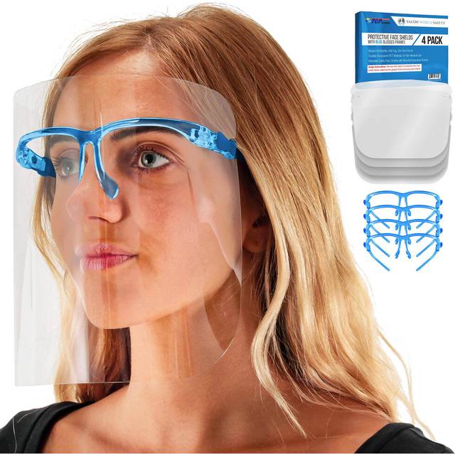 TCP Global Salon World Safety Face Shields with Blue Glasses Frames (Pack of 4) - Ultra Clear Protective Full Face Shields to Protect Eyes  Nose  Mout