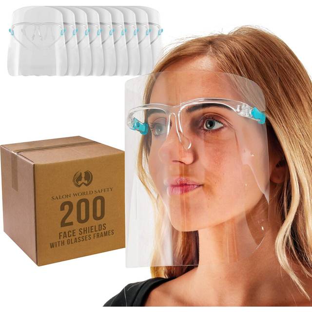 TCP Global Salon World Safety 200 Face Shields with Glasses Frames (20 Packs of 10) - Ultra Clear Protective Full Face to Protect Eyes  Nose  Mouth -