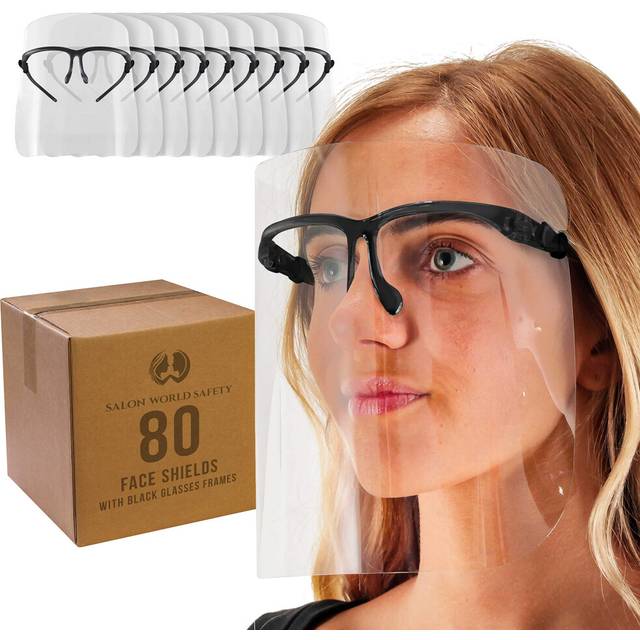 TCP Global Salon World Safety Face Shields with Black Glasses Frames (20 Packs of 4) - Ultra Clear Protective Full Face Shields to Protect Eyes  Nose