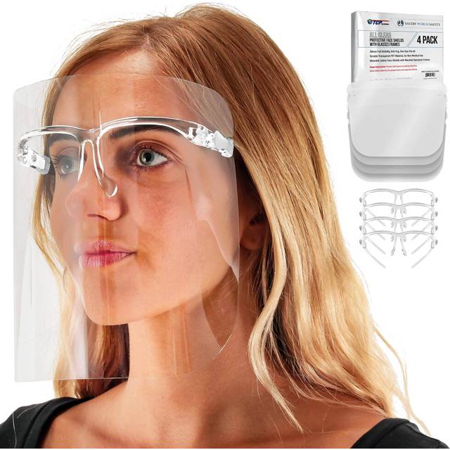 TCP Global Salon World Safety Face Shields with All Clear Glasses Frames (Pack of 4) - Ultra Clear Protective Full Face Shields to Protect Eyes  Nose