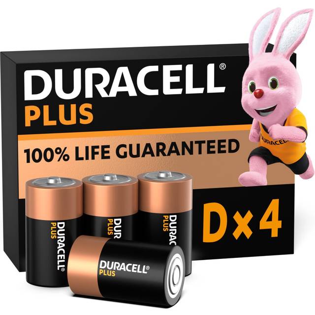 Duracell Plus D Batteries (4 Pack) - Alkaline 1.5V - 100% Life Guaranteed - Reliability For 0% Plastic Packaging - 10-Year Storage - LR20 MN1300