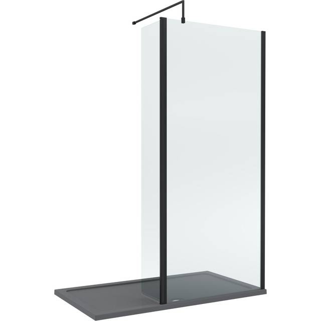 8mm Glass Walk In Wetroom Screen and Hinged Return Screen with Matt Black Profile and Grey Shower Tray - 1400 x 800mm