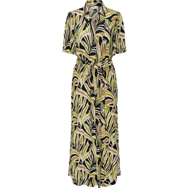 Printed Belted Maxi Dress - Black Print/Beige - XL