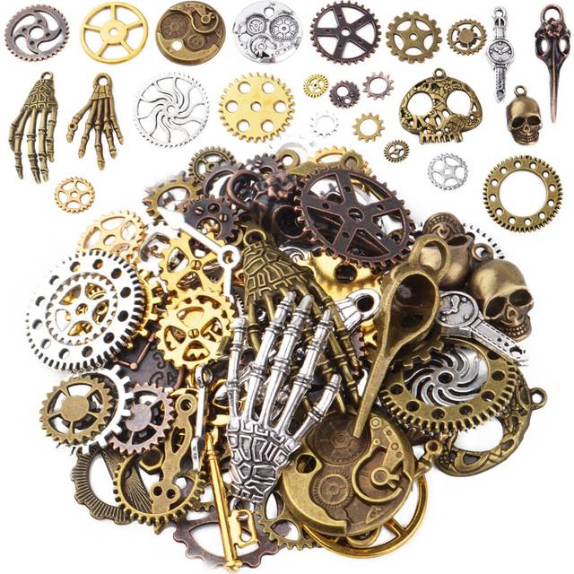 100g(Approx 76pcs) Assorted Colors Antique Metal Steampunk Clock Gear Cog Wheel Skull Key Skull Hand Safety Pin Charms Pendant Jewelry Charms for Craf