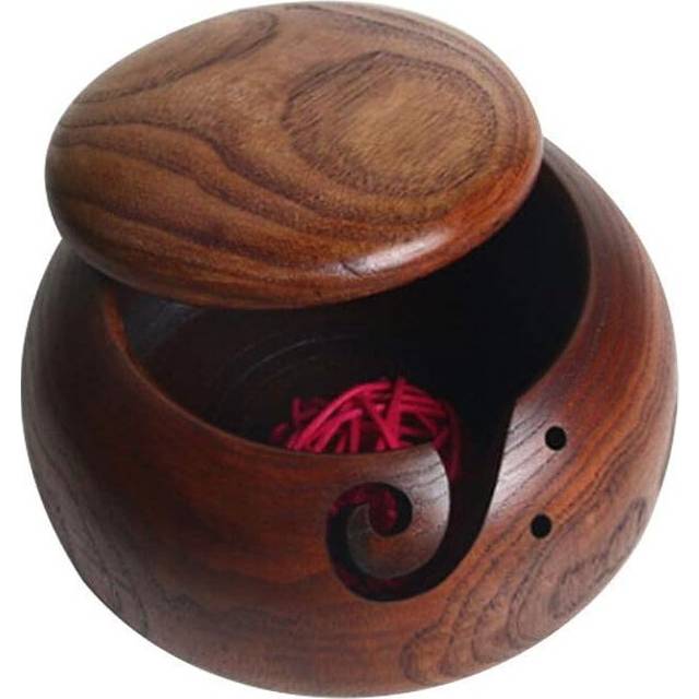 Handmade Wooden Yarn Bowl - Wood Yarn Bowl Wooden Bowl Of Yarn Storage With Carved Holes And Drilled Holes