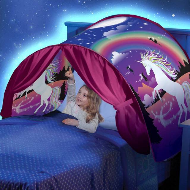 (Pink Unicorn) Dream Tent for Kids Bed with Storage Pocket Foldable Kids Tent on Bed Mosquito Net Tent