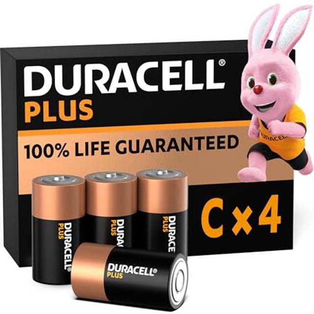Duracell Plus C Batteries (4 Pack) - Alkaline 1.5V - 100% Life Guaranteed - Reliability For Devices - 0% Plastic Packaging - 10-Year Storage - MN1400