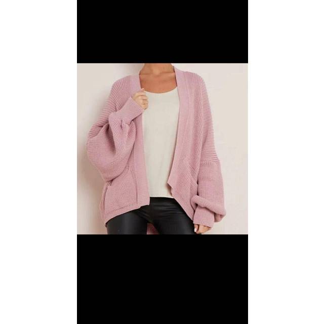 (Baby pink, One size 8-22) UK Womens Chunky Knitted Oversized Cardigan Ladies Balloon Sleeve Short Cardigan