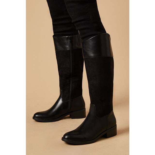 Keziah Mixed Material Low Heel Riding Knee Boot - Black - 5,4,3
