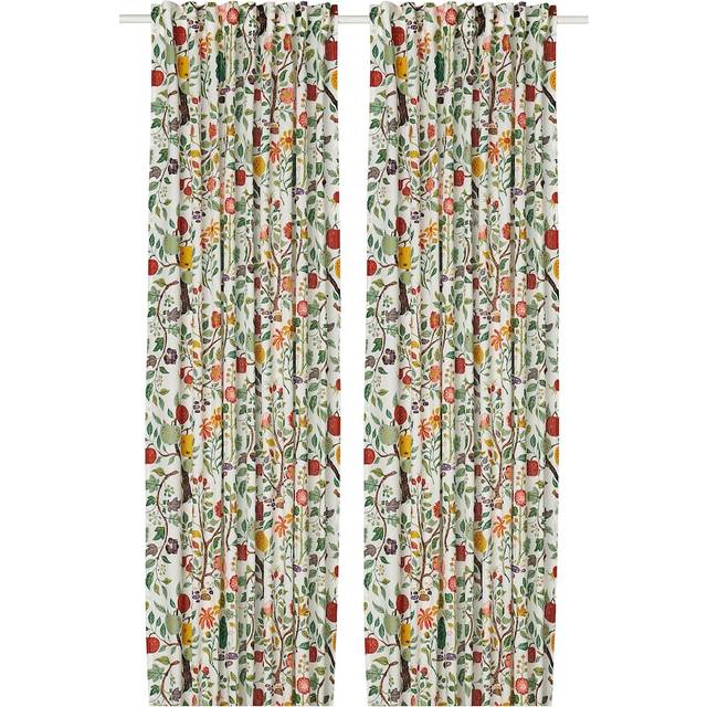 VILDPERSILJA gardiner, 1 par, vit flerfärgad/blommönster med veckband, 145x250 cm
