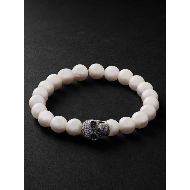 Sydney Evan - Skull Rhodium-Plated, Diamond and Pearl Beaded Bracelet - Men - White