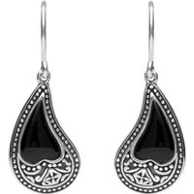 Sterling Silver Whitby Jet Tear Shape Oxidised Drop Earrings - Silver