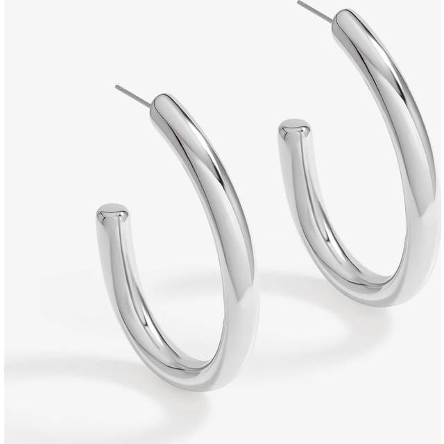 Womens Silver Polished Simple Large Hoop Earrings - Grey - One Size