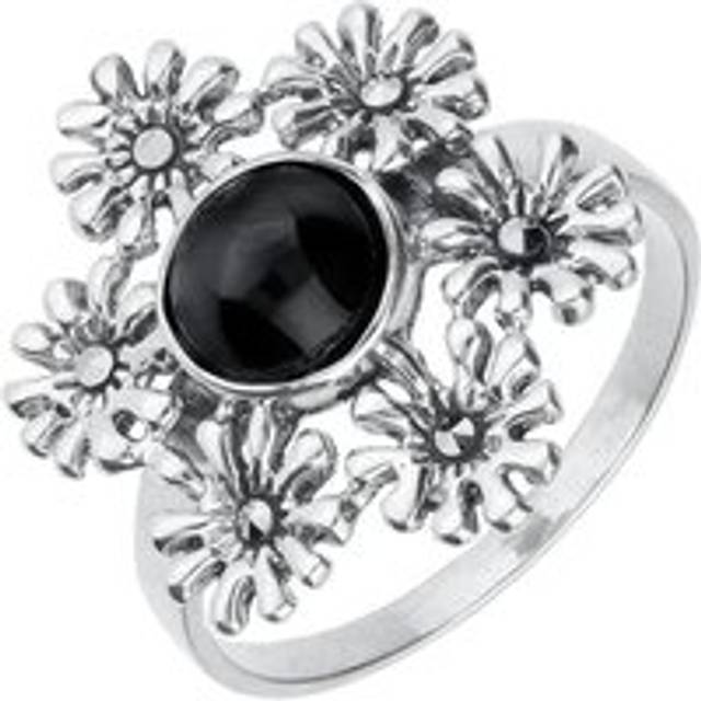 Sterling Silver Whitby Jet Marcasite Vintage 6 Flower Petal Ring - Silver