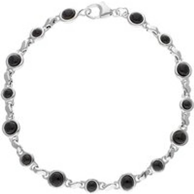Sterling Silver Whitby Jet Round Bead Link Bracelet - Silver